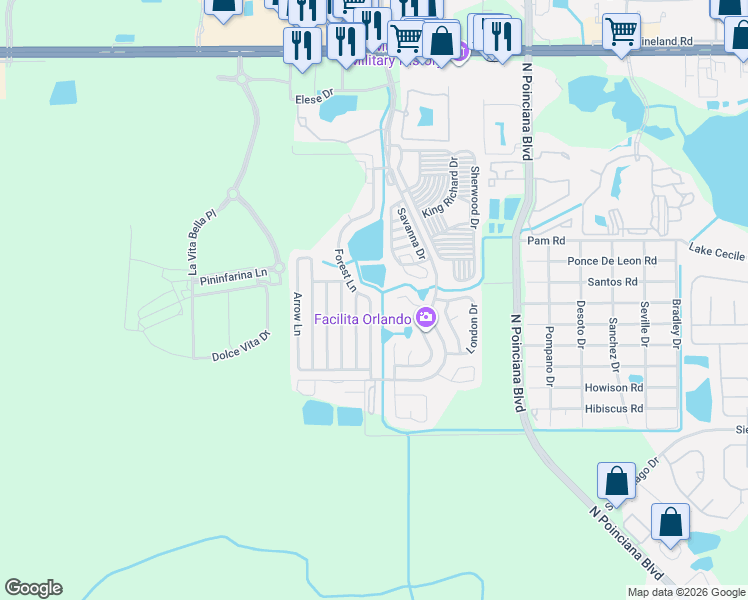 map of restaurants, bars, coffee shops, grocery stores, and more near 436 Forest Lane in Kissimmee