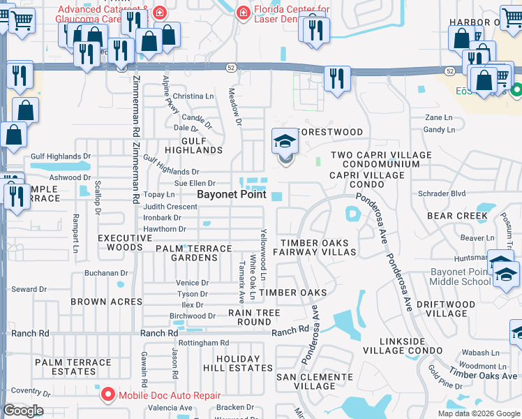 map of restaurants, bars, coffee shops, grocery stores, and more near 7924 Judith Crescent in Port Richey