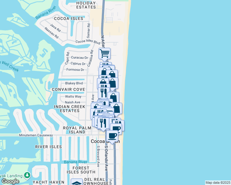 map of restaurants, bars, coffee shops, grocery stores, and more near 225 North Atlantic Avenue in Cocoa Beach