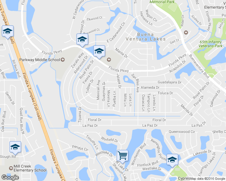 map of restaurants, bars, coffee shops, grocery stores, and more near 115 Puelba Lane in Kissimmee