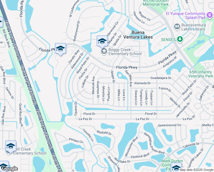 map of restaurants, bars, coffee shops, grocery stores, and more near 115 Puelba Lane in Kissimmee