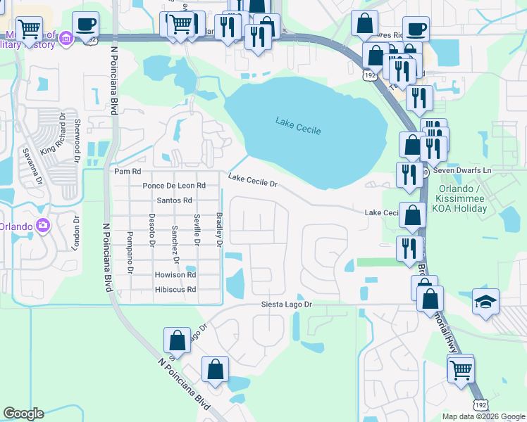 map of restaurants, bars, coffee shops, grocery stores, and more near 2616 Brittany Lane in Kissimmee