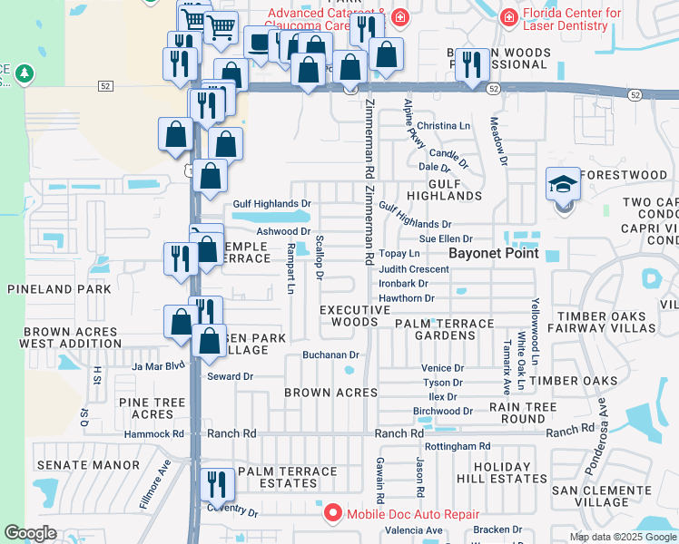 map of restaurants, bars, coffee shops, grocery stores, and more near 7415 Dauvin Court in Port Richey