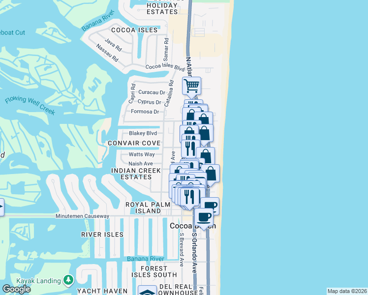 map of restaurants, bars, coffee shops, grocery stores, and more near 237 Woodland Avenue in Cocoa Beach