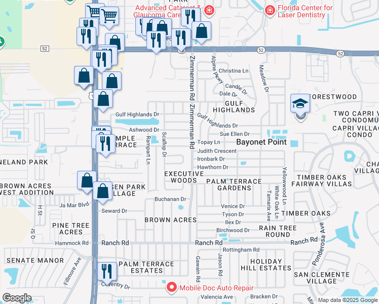map of restaurants, bars, coffee shops, grocery stores, and more near 11431 Zimmerman Road in Port Richey