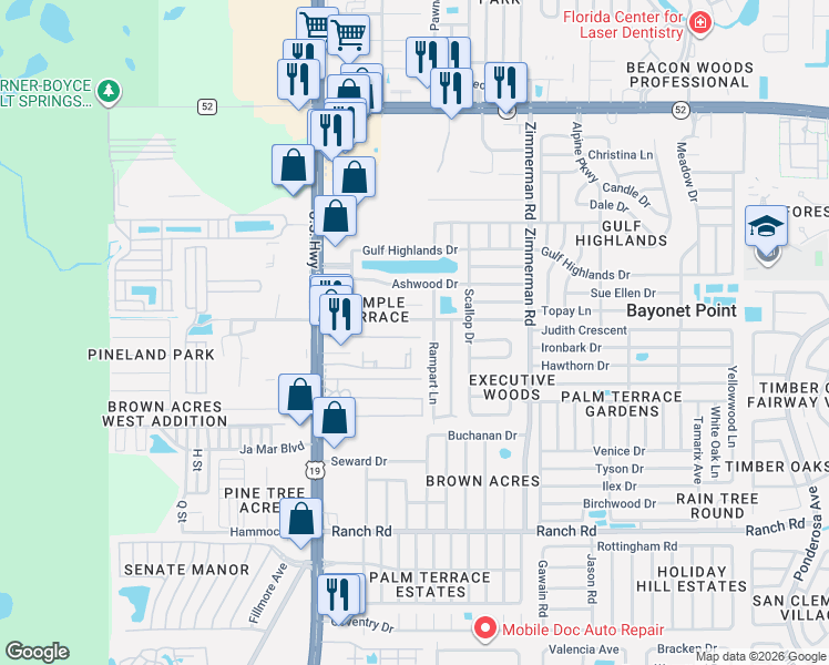 map of restaurants, bars, coffee shops, grocery stores, and more near 11409 Rampart Lane in Port Richey