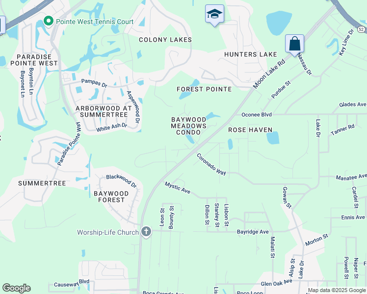 map of restaurants, bars, coffee shops, grocery stores, and more near Moon Lake Road in New Port Richey