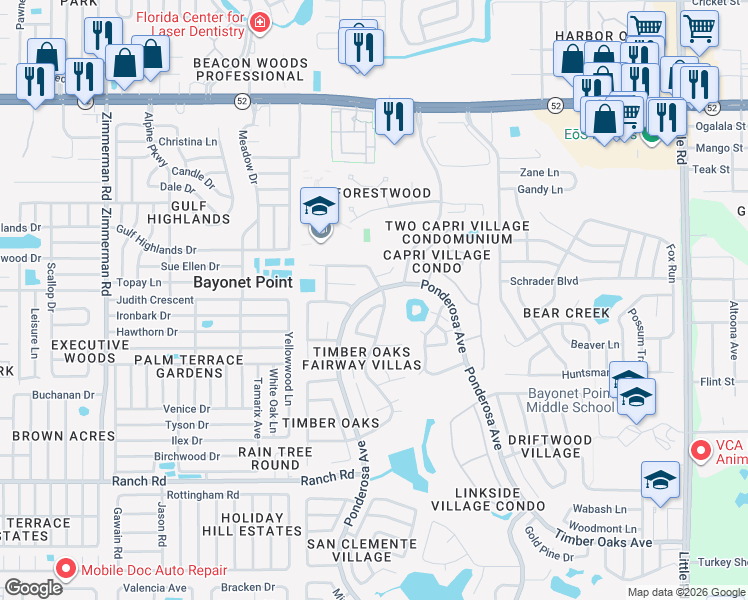 map of restaurants, bars, coffee shops, grocery stores, and more near 8150 Braddock Circle in Port Richey