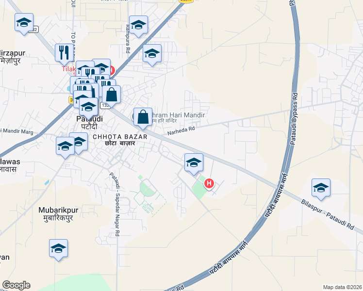 map of restaurants, bars, coffee shops, grocery stores, and more near Bilaspur Road in Pataudi