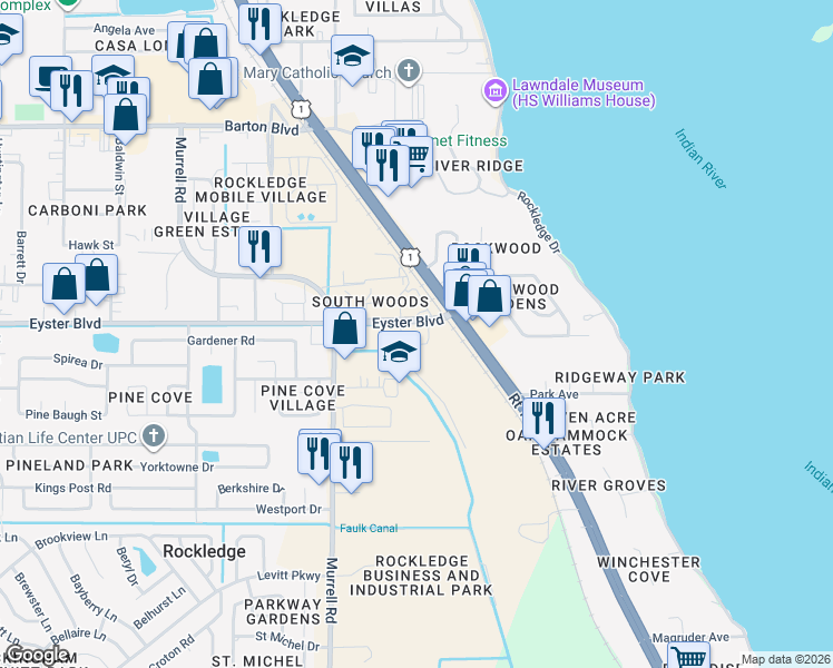 map of restaurants, bars, coffee shops, grocery stores, and more near 150 Eyster Boulevard in Rockledge
