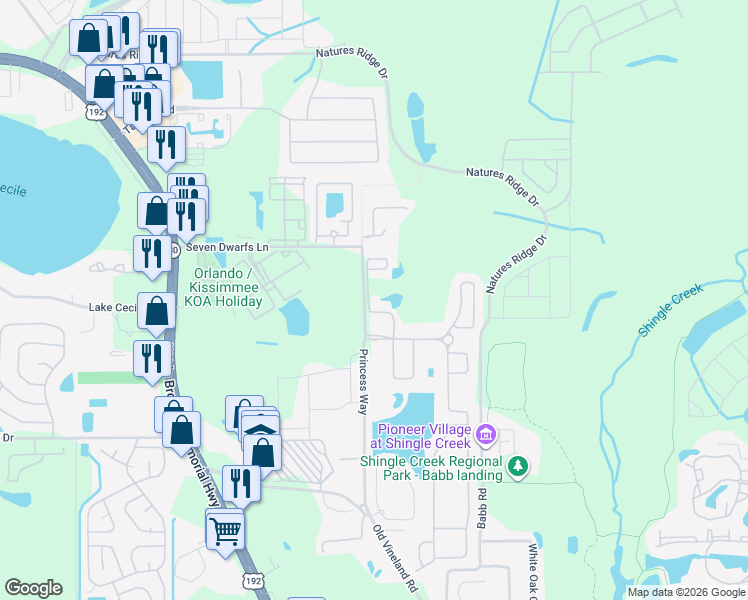 map of restaurants, bars, coffee shops, grocery stores, and more near 2682 Santosh Cove in Kissimmee