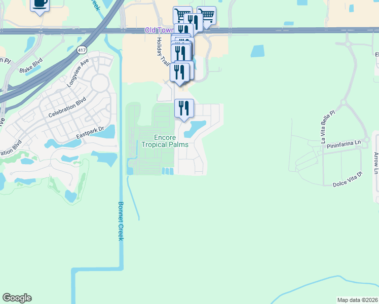 map of restaurants, bars, coffee shops, grocery stores, and more near 2677 Roadster Lane in Kissimmee