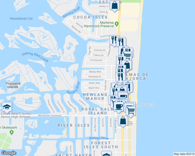 map of restaurants, bars, coffee shops, grocery stores, and more near 436 Dempsey Drive in Cocoa Beach