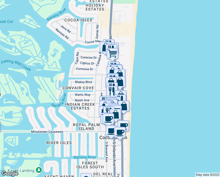 map of restaurants, bars, coffee shops, grocery stores, and more near 334 North Orlando Avenue in Cocoa Beach
