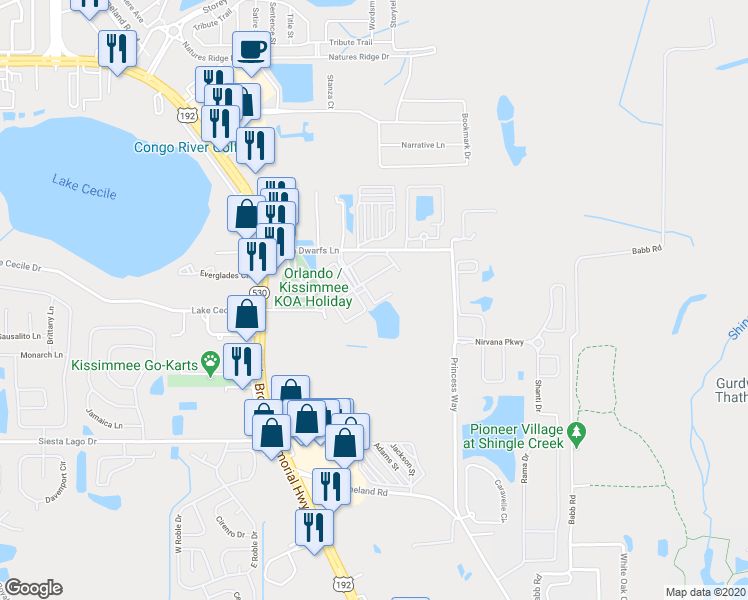 map of restaurants, bars, coffee shops, grocery stores, and more near 2609 Gala Road North in Kissimmee