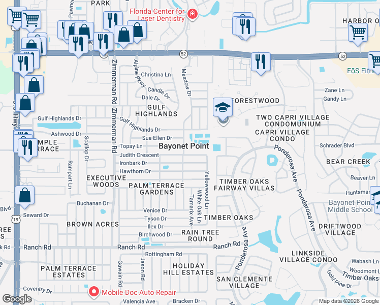 map of restaurants, bars, coffee shops, grocery stores, and more near in Bayonet Point