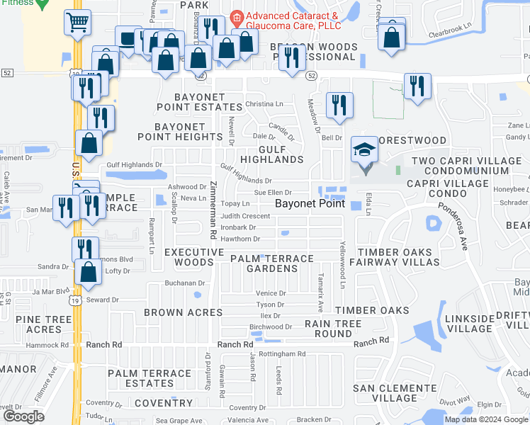 map of restaurants, bars, coffee shops, grocery stores, and more near 7635 Judith Crescent in Port Richey