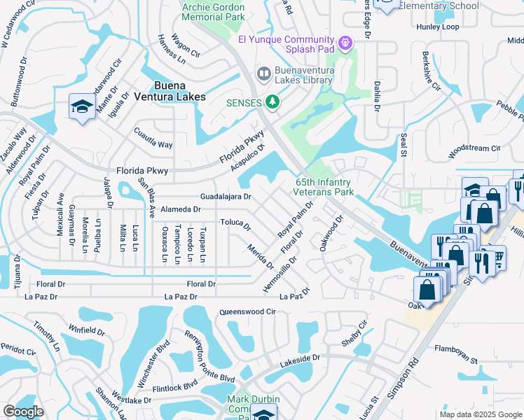 map of restaurants, bars, coffee shops, grocery stores, and more near 162 Guadalajara Drive in Kissimmee