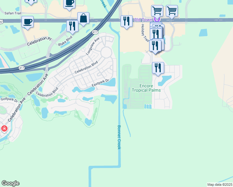 map of restaurants, bars, coffee shops, grocery stores, and more near 103 Acadia Terrace in Kissimmee