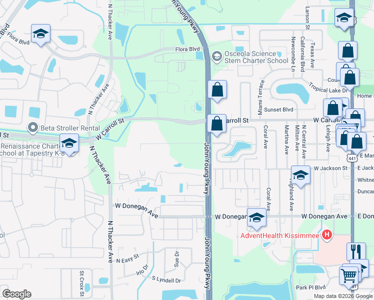 map of restaurants, bars, coffee shops, grocery stores, and more near 2668 Surrey Court in Kissimmee