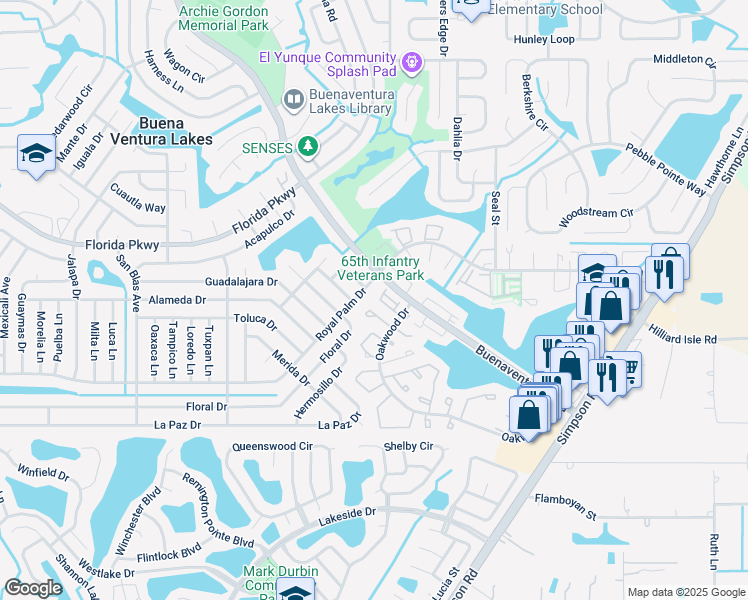 map of restaurants, bars, coffee shops, grocery stores, and more near 322 Cervantes Drive in Kissimmee