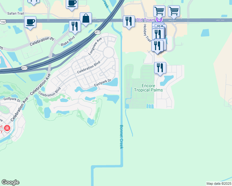 map of restaurants, bars, coffee shops, grocery stores, and more near 103 Acadia Terrace in Kissimmee