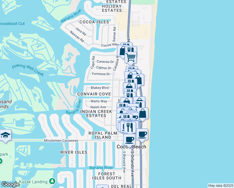 map of restaurants, bars, coffee shops, grocery stores, and more near 341 Woodland Avenue in Cocoa Beach