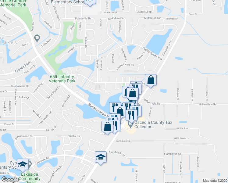 map of restaurants, bars, coffee shops, grocery stores, and more near 170 Bowie Lane in Kissimmee