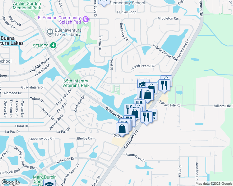 map of restaurants, bars, coffee shops, grocery stores, and more near 115 Lake Villa Way in Kissimmee