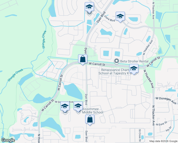map of restaurants, bars, coffee shops, grocery stores, and more near 2630 Pledge Road in Kissimmee