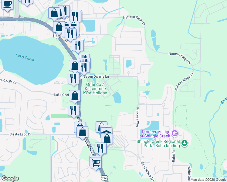 map of restaurants, bars, coffee shops, grocery stores, and more near 2609 Gala Road North in Kissimmee