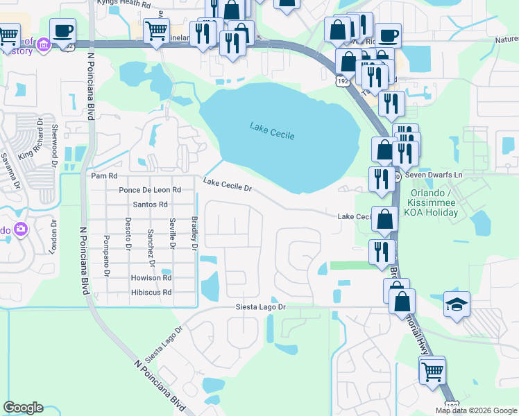 map of restaurants, bars, coffee shops, grocery stores, and more near 4890 Lake Cecile Drive in Kissimmee