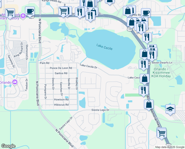 map of restaurants, bars, coffee shops, grocery stores, and more near 2595 Chatham Circle in Kissimmee