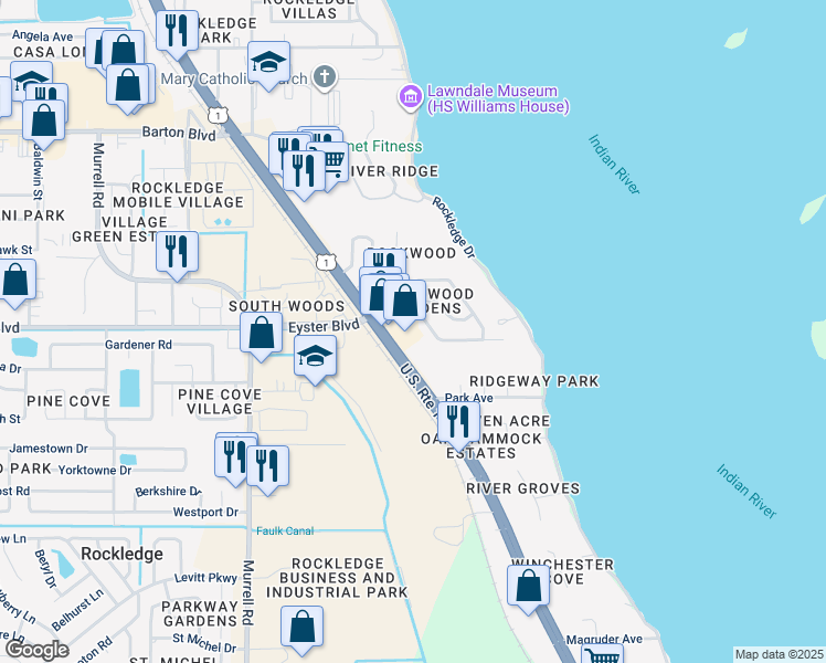 map of restaurants, bars, coffee shops, grocery stores, and more near 1978 Rockledge Boulevard in Rockledge