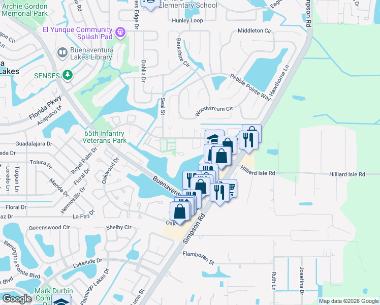 map of restaurants, bars, coffee shops, grocery stores, and more near 168 Bowie Lane in Kissimmee