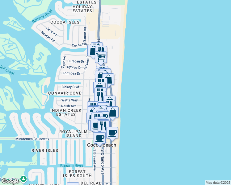 map of restaurants, bars, coffee shops, grocery stores, and more near 333 North Atlantic Avenue in Cocoa Beach