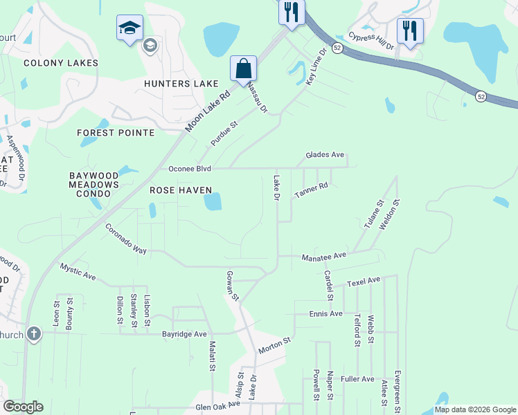 map of restaurants, bars, coffee shops, grocery stores, and more near 11445 Lake Drive in New Port Richey