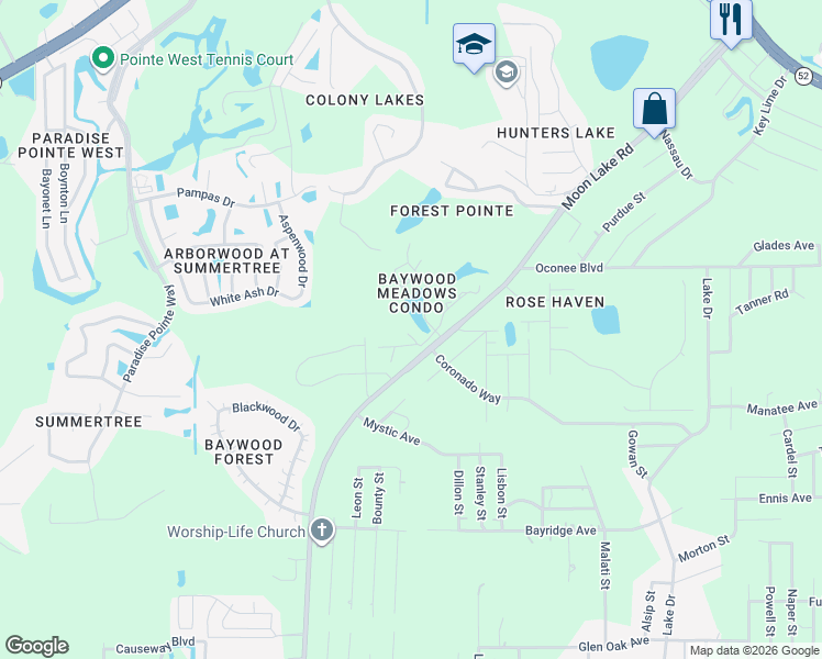 map of restaurants, bars, coffee shops, grocery stores, and more near 12041 Environmental Drive in New Port Richey