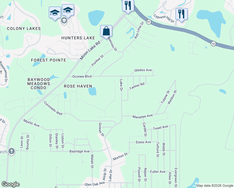 map of restaurants, bars, coffee shops, grocery stores, and more near 11445 Lake Drive in New Port Richey