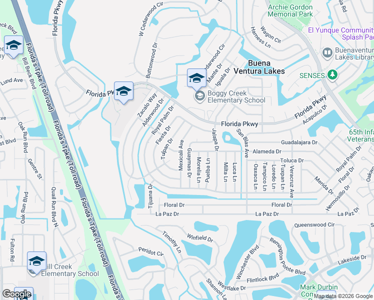 map of restaurants, bars, coffee shops, grocery stores, and more near 123 Guaymas Drive in Kissimmee