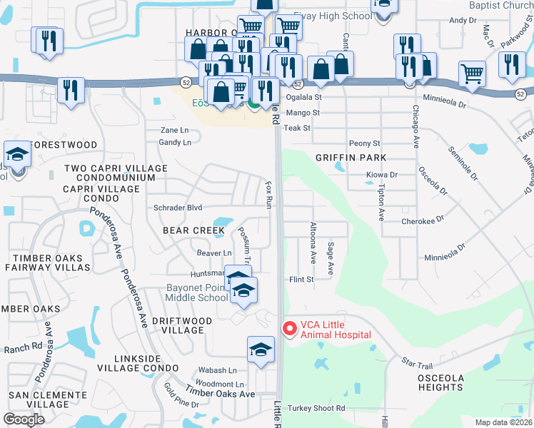 map of restaurants, bars, coffee shops, grocery stores, and more near 11504 Fox Run in Port Richey