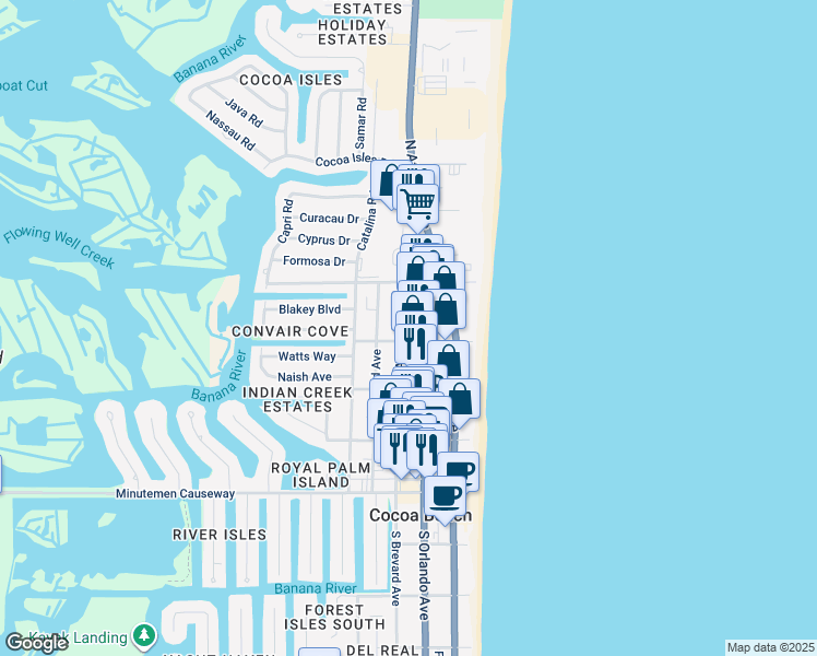 map of restaurants, bars, coffee shops, grocery stores, and more near 334 North Orlando Avenue in Cocoa Beach