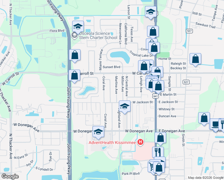 map of restaurants, bars, coffee shops, grocery stores, and more near 2616 Martina Avenue in Kissimmee