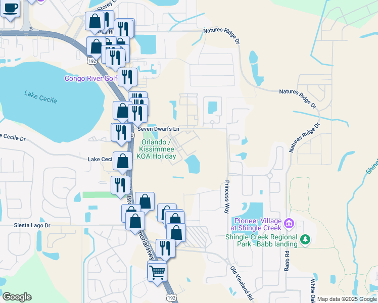 map of restaurants, bars, coffee shops, grocery stores, and more near 2603 Gala Road South in Kissimmee