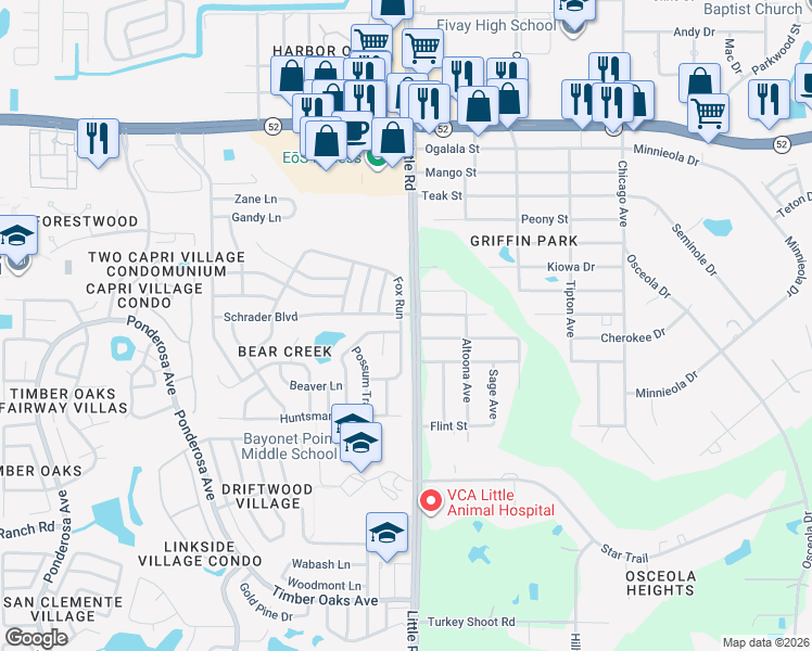 map of restaurants, bars, coffee shops, grocery stores, and more near 11504 Fox Run in Port Richey