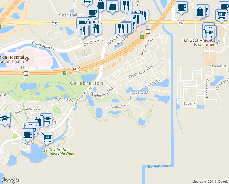 map of restaurants, bars, coffee shops, grocery stores, and more near 316 Charleston Place in Kissimmee