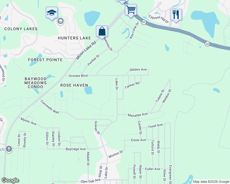 map of restaurants, bars, coffee shops, grocery stores, and more near 11445 Lake Drive in New Port Richey