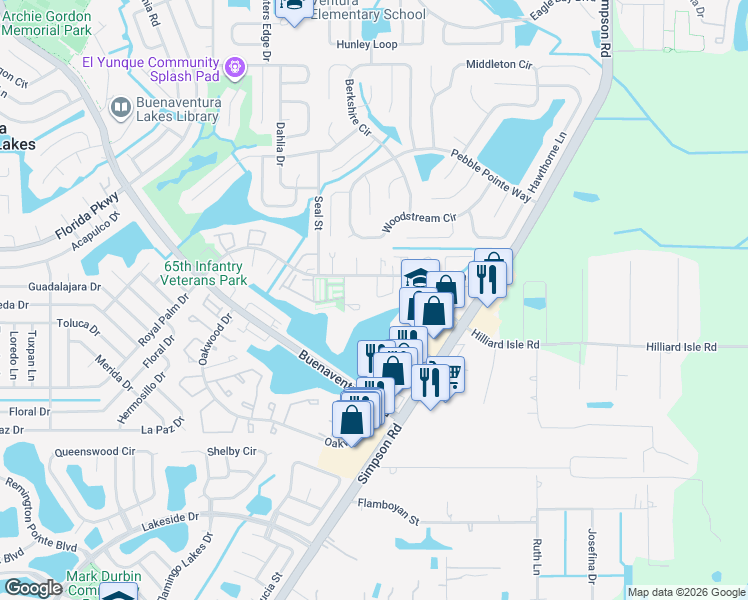 map of restaurants, bars, coffee shops, grocery stores, and more near 168 Bowie Lane in Buena Ventura Lakes