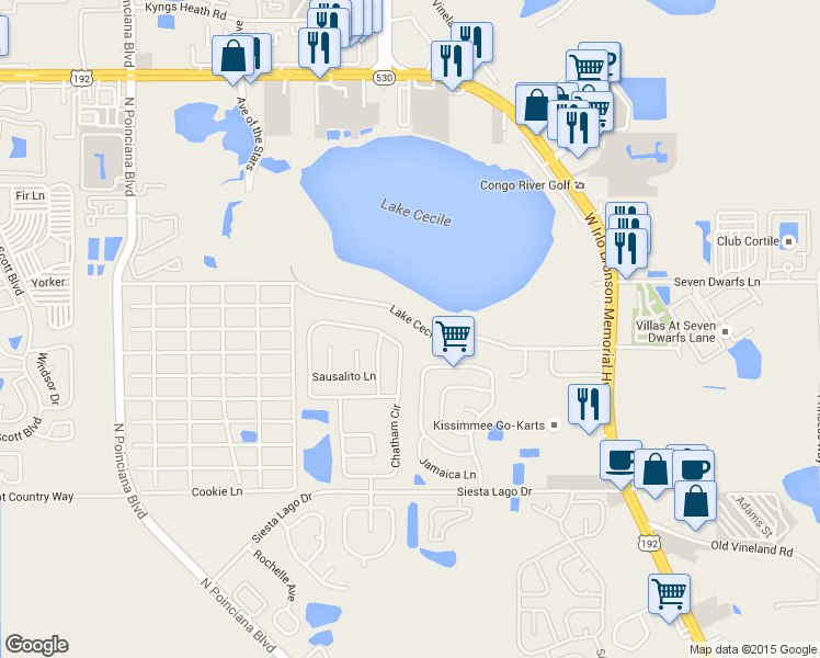 map of restaurants, bars, coffee shops, grocery stores, and more near 4890 Lake Cecile Drive in Kissimmee