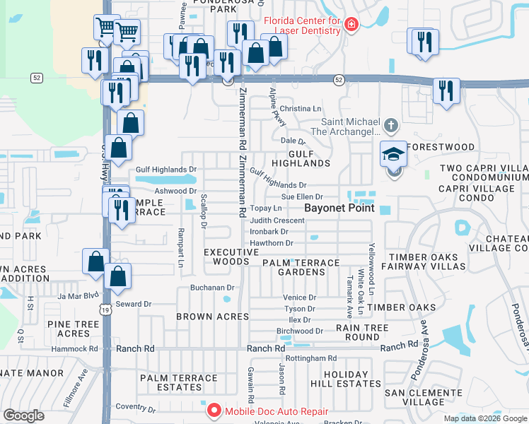 map of restaurants, bars, coffee shops, grocery stores, and more near 7530 Topay Lane in Port Richey